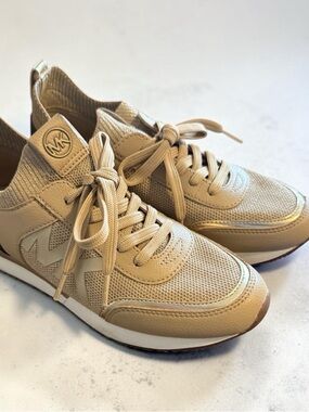 Michael Kors Tan Knit and Leather Lace-Up Sneakers